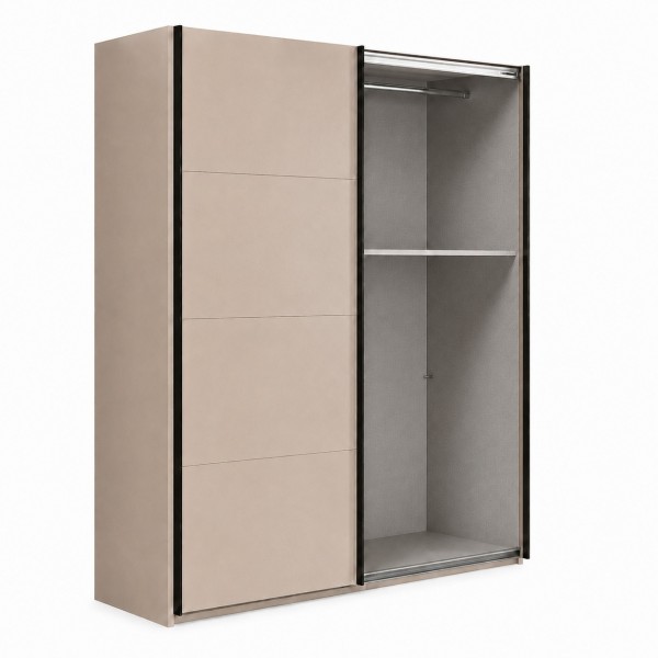 Vista diagonale con anta aperta Armadio ante scorrevoli in legno struttura Cashmere con 2 ante scorrevoli cashmere lucido e rovere artisan modello Sliding Totò Piccinni
