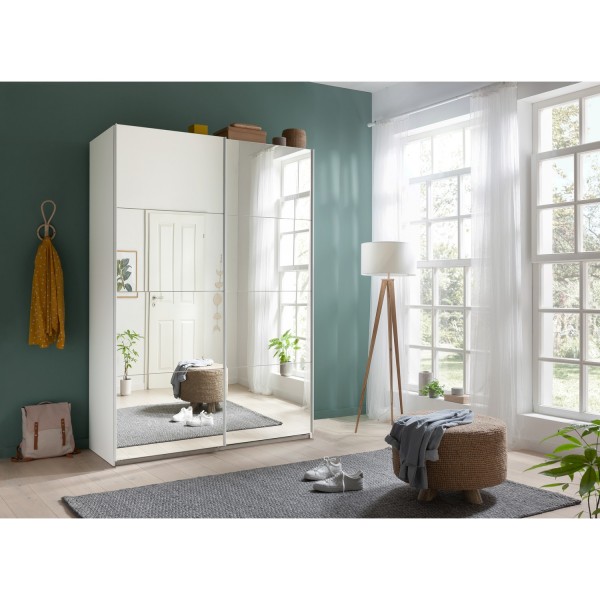 Vista ambientata Armadio guardaroba design in legno struttura Bianca con due ante scorrevoli a Specchio modello Sliding Totò Piccinni