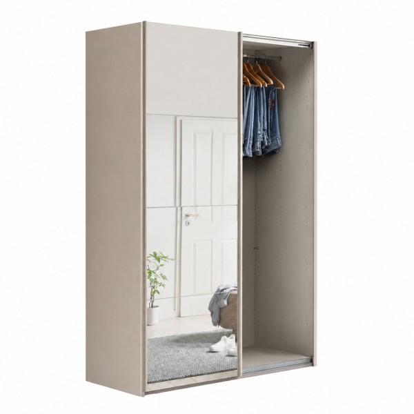 Vista diagonale con anta aperta Armadio ante scorrevoli in legno struttura Cashmere con 2 ante scorrevoli a specchio modello Sliding Totò Piccinni