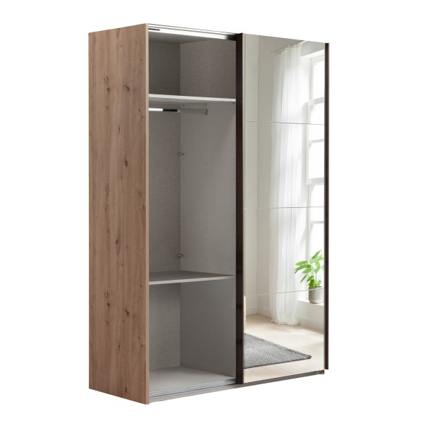 Vista diagonale con anta aperta Armadio in legno struttura Rovere Artisan con 2 ante scorrevoli a specchio modello Sliding Totò Piccinni