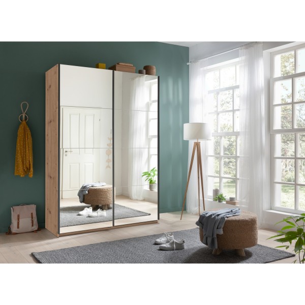 Vista ambientata Armadio design in legno struttura Rovere Artisan con 2 ante scorrevoli a specchio modello Sliding Totò Piccinni