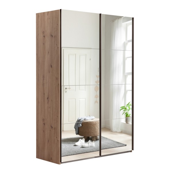 Vista diagonale con ante chiuse Armadio moderno in legno struttura Rovere Artisan con 2 ante scorrevoli a specchio modello Sliding Totò Piccinni