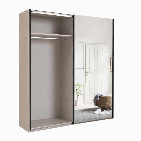 Vista diagonale con anta aperta Armadio in legno struttura Cashmere con 2 ante scorrevoli cashmere lucido e specchio modello Sliding Totò Piccinni