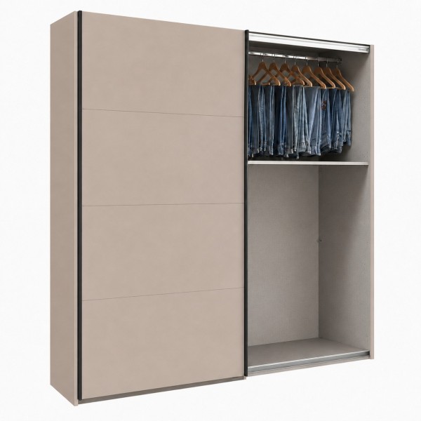 Vista diagonale con anta aperta Armadio ante scorrevoli in legno struttura Cashmere con 2 ante scorrevoli cashmere lucido e specchio modello Sliding Totò Piccinni