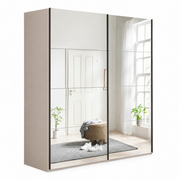 Vista diagonale con ante chiuse Armadio moderno in legno struttura Cashmere con 2 ante scorrevoli a specchio modello Sliding Totò Piccinni