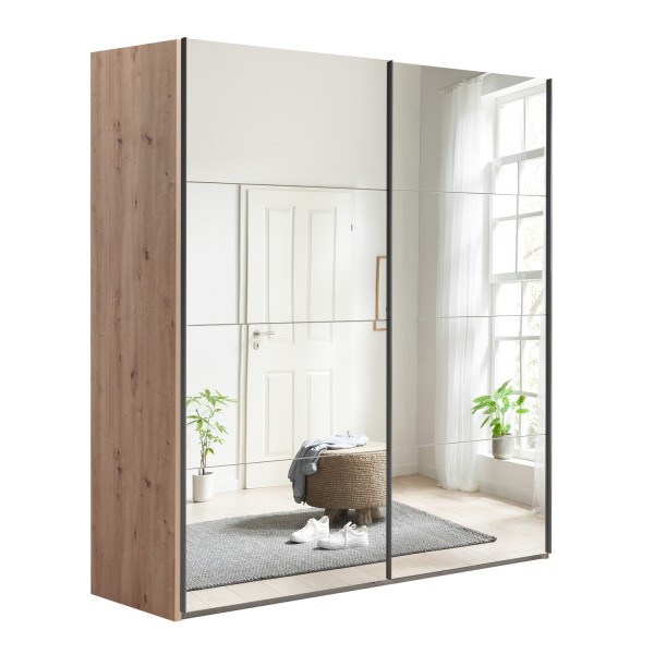Vista diagonale con ante chiuse Armadio moderno in legno struttura Rovere Artisan con 2 ante scorrevoli a specchio modello Sliding Totò Piccinni