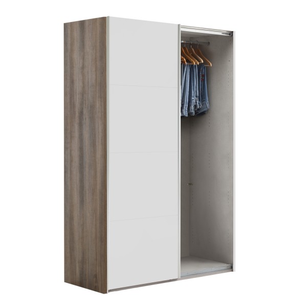 Vista diagonale con anta aperta Armadio camera da letto in legno struttura Noce Brera con 2 ante scorrevoli Bianco Opaco modello Sliding Totò Piccinni