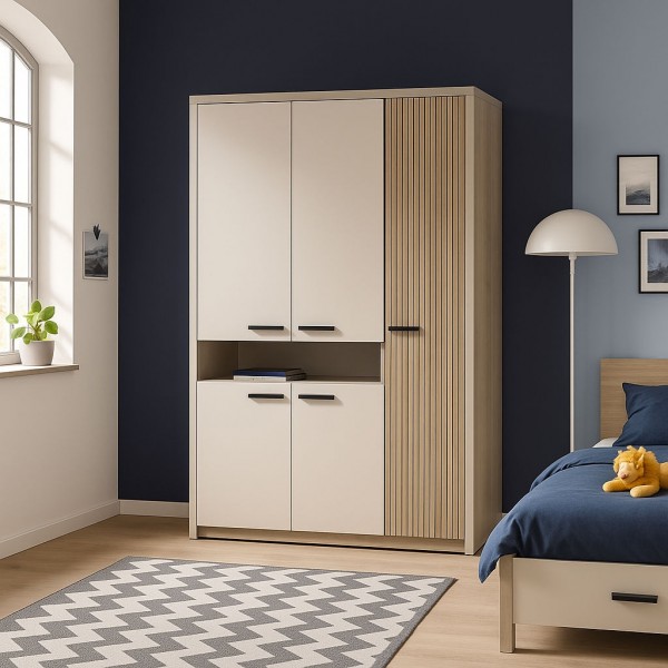 Vista ambientata Armadio guardaroba in legno colore "Cannettato/Cashmere" con 5 ante e 1 vano modello Zefiro Totò Piccinni