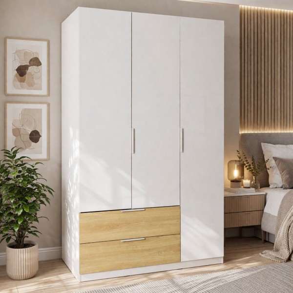 Vista ambientata armadio in legno con 3 ante e 2 cassetti colore "cashmere laccato/rovere baysen" modello Aliseo Totò Piccinni