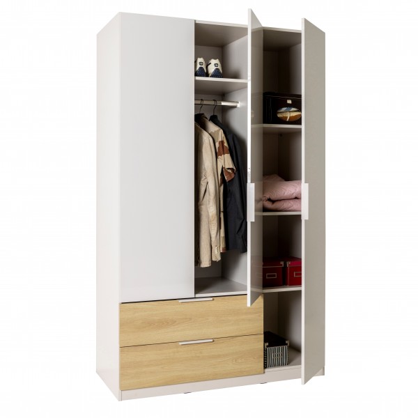 Vista diagonale con ante aperte armadio in legno con 3 ante e 2 cassetti colore "cashmere laccato/rovere baysen" modello Aliseo Totò Piccinni