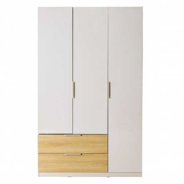 Vista frontale armadio in legno con 3 ante e 2 cassetti colore "cashmere laccato/rovere baysen" modello Aliseo Totò Piccinni