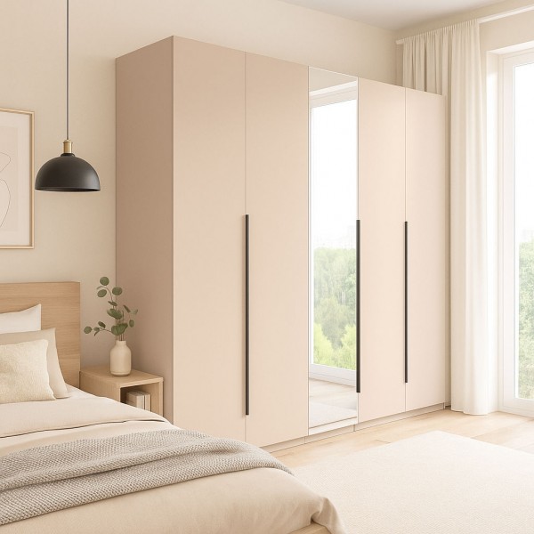 Vista ambientata Armadio 5 ante battenti con 1 anta a specchio Grigio Gessato/Cashmere Topmatt modello Splendida Totò Piccinni