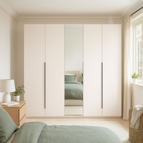 Vista ambientata Armadio 5 ante battenti con 1 anta a specchio Grigio Gessato/Cashmere Topmatt modello Splendida Totò Piccinni