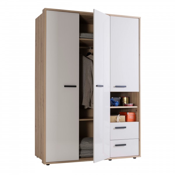 Vista diagonale Armadio in legno colore Rovere Artisan/Cashmere con 3 ante 2 vani e 2 cassetti modello Nadir Totò Piccinni