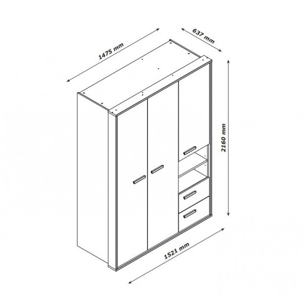 Specifica dimensioni Armadio in legno colore Rovere Artisan/Cashmere con 3 ante 2 vani e 2 cassetti modello Nadir Totò Piccinni