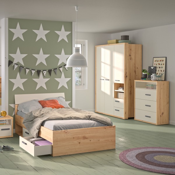 Vista completa Armadio in legno colore Rovere Artisan/Cashmere con 3 ante 2 vani e 2 cassetti modello Nadir Totò Piccinni