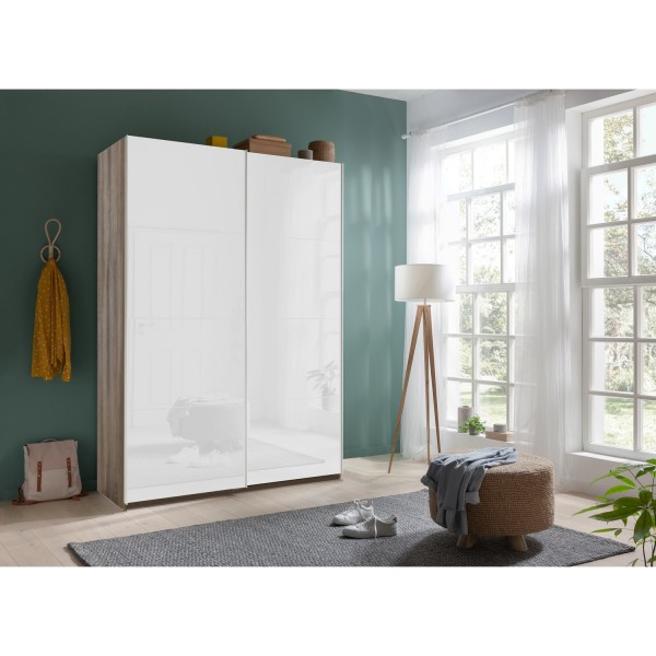 Vista ambientata Armadio design in legno struttura Noce Brera con 2 ante scorrevoli Bianco Lucido modello Sliding Totò Piccinni