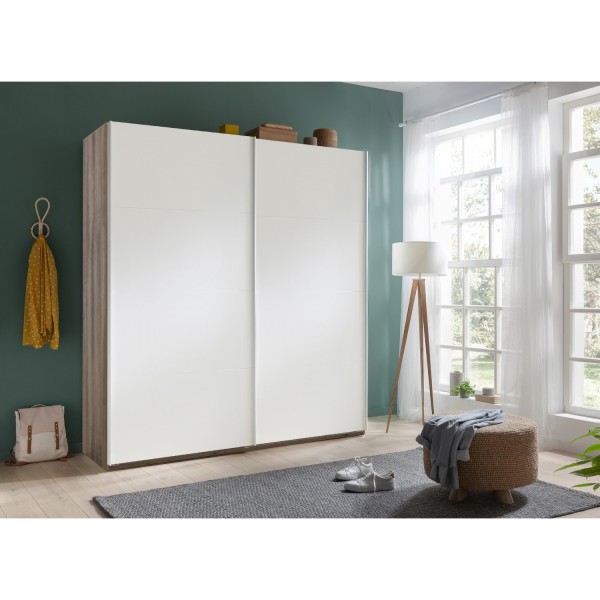 Vista ambientata Armadio design in legno con struttura Noce Brera con 2 ante scorrevoli Bianco Opaco modello Sliding Totò Piccinni