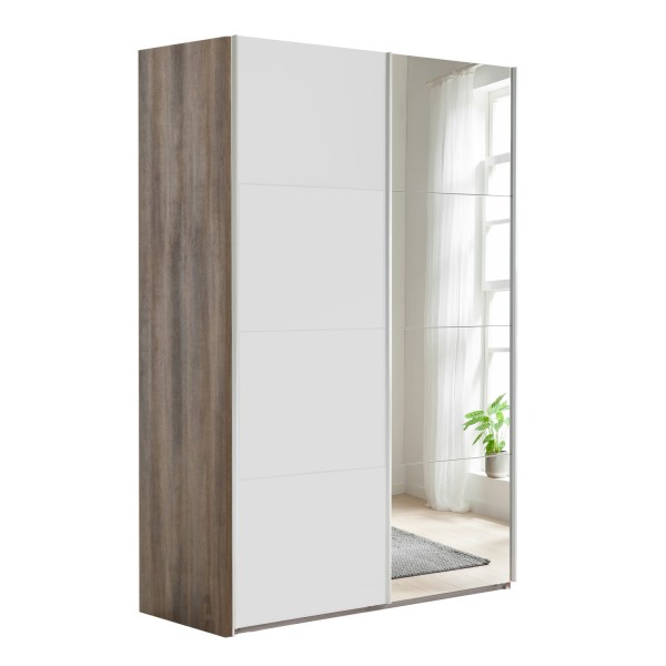 Vista diagonale con ante chiuse Armadio moderno in legno struttura Noce Brera con 2 ante scorrevoli, 1 Bianco Opaco e 1 a Specchio modello Sliding Totò Piccinni