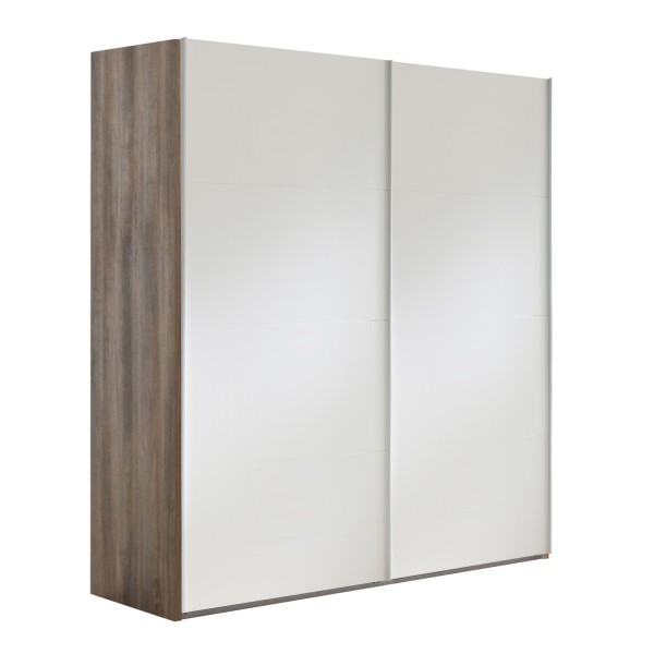 Vista diagonale con ante chiuse Armadio moderno in legno con struttura Noce Brera con 2 ante scorrevoli Bianco Opaco modello Sliding Totò Piccinni