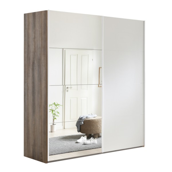 Vista diagonale Armadio moderno in legno con struttura Noce Brera, 2 ante scorrevoli 1 Bianco Opaco e 1 Specchio modello Sliding Totò Piccinni