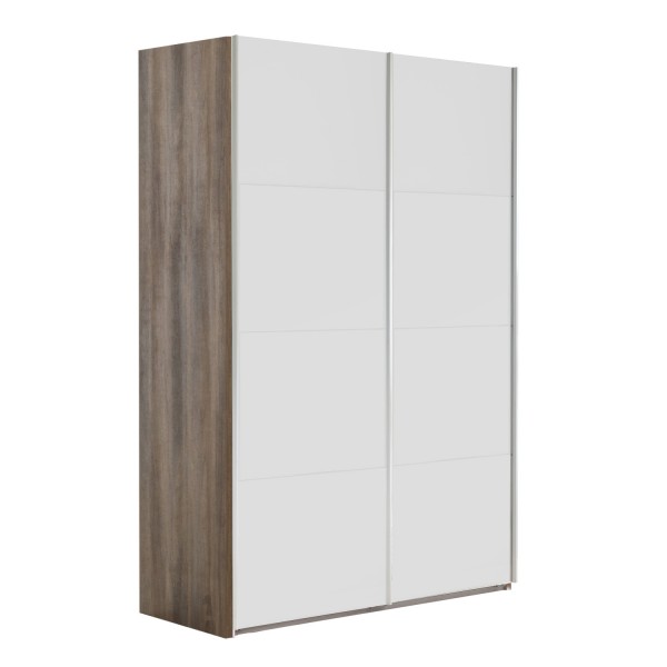 Vista diagonale con ante chiuse Armadio moderno in legno struttura Noce Brera con 2 ante scorrevoli Bianco Opaco modello Sliding Totò Piccinni