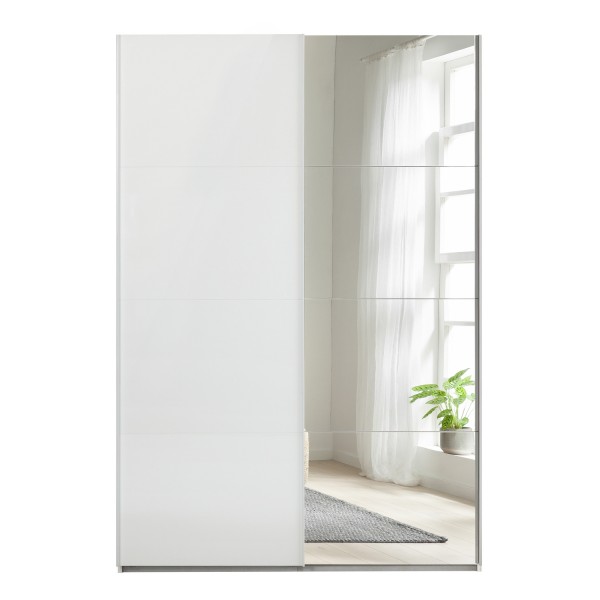 Vista frontale Armadio ante scorrevoli in legno struttura Noce Brera con 2 ante scorrevoli, 1 Bianco Opaco e 1 a Specchio modello Sliding Totò Piccinni