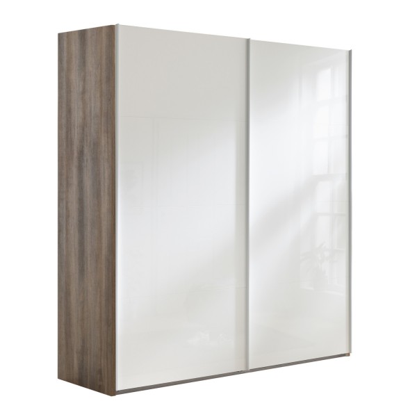 Vista diagonale con ante chiuse Armadio moderno in legno struttura Noce Brera con 2 ante scorrevoli Bianco Lucido modello Sliding Totò Piccinni