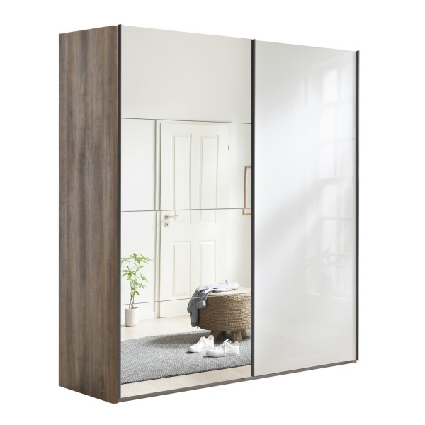 Vista diagonale con ante chiuse Armadio moderno in legno struttura Noce Brera con 2 ante scorrevoli, 1 Bianco Lucido e 1 a Specchio modello Sliding Totò Piccinni