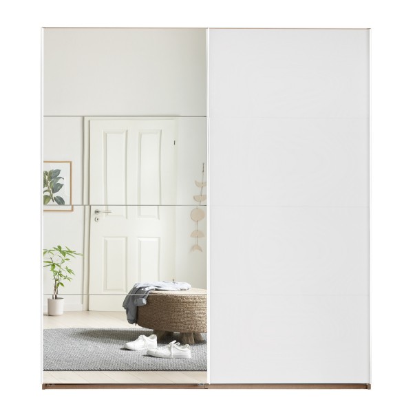 Vista frontale Armadio classico in legno con struttura Noce Brera, 2 ante scorrevoli 1 Bianco Opaco e 1 Specchio modello Sliding Totò Piccinni