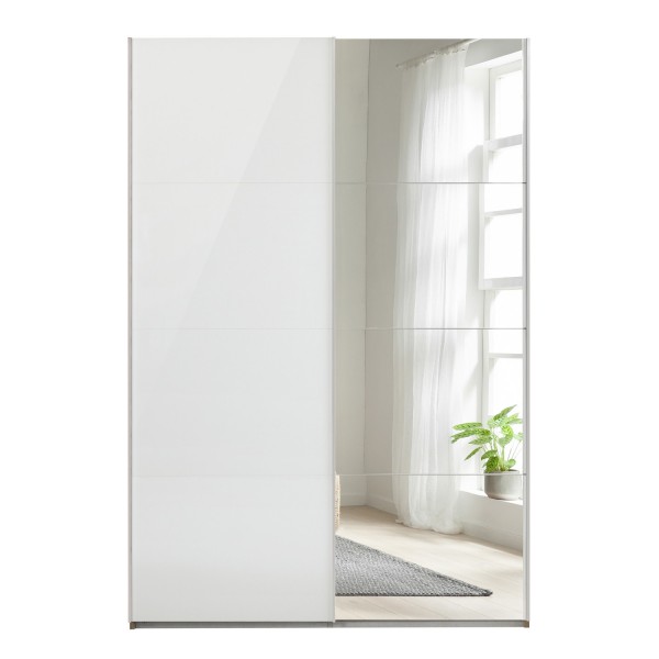 Vista frontale Armadio classico in legno struttura Noce Brera con 2 ante scorrevoli, 1 Bianco Lucido e 1 a Specchio modello Sliding Totò Piccinni