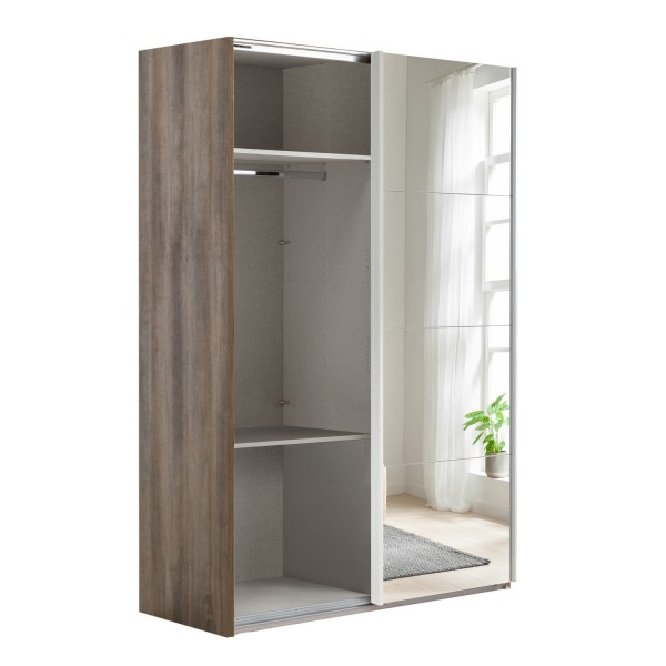 Vista diagonale con anta aperta Armadio in legno struttura Noce Brera con 2 ante scorrevoli, 1 Bianco Opaco e 1 a Specchio modello Sliding Totò Piccinni