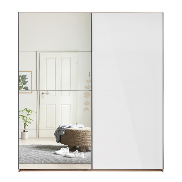 Vista frontale Armadio classicoin legno struttura Noce Brera con 2 ante scorrevoli, 1 Bianco Lucido e 1 a Specchio modello Sliding Totò Piccinni