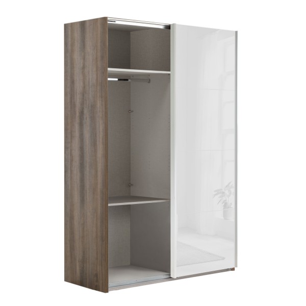 Vista diagonale con anta aperta Armadio in legno struttura Noce Brera con 2 ante scorrevoli Bianco Lucido modello Sliding Totò Piccinni