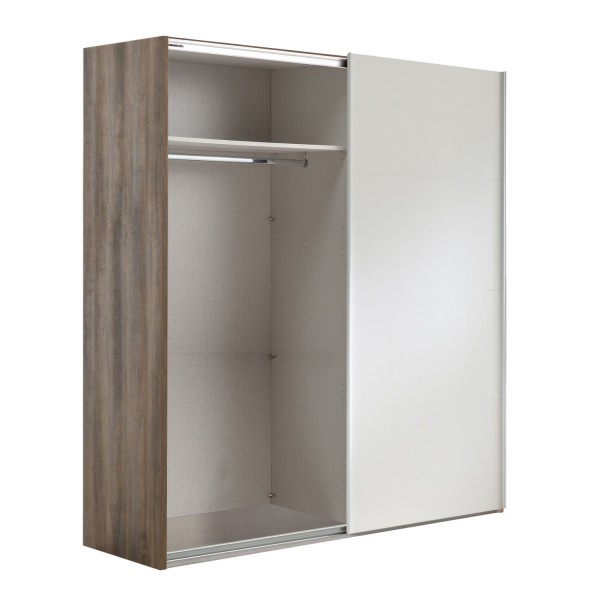 Vista diagonale con anta aperta Armadio in legno con struttura Noce Brera con 2 ante scorrevoli Bianco Opaco modello Sliding Totò Piccinni