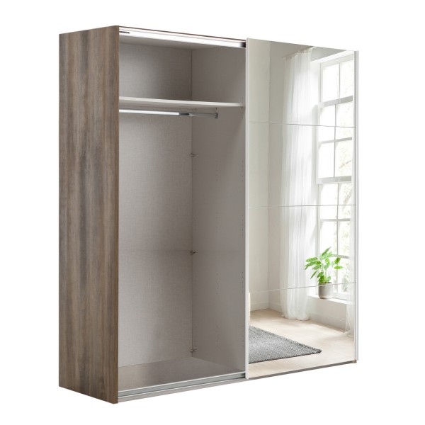 Vista diagonale con anta aperta Armadio in legno con struttura Noce Brera, 2 ante scorrevoli 1 Bianco Opaco e 1 Specchio modello Sliding Totò Piccinni