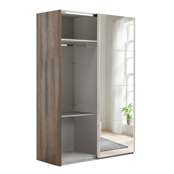 Vista diagonale con anta aperta Armadio in legno struttura Noce Brera con 2 ante scorrevoli, 1 Bianco Lucido e 1 a Specchio modello Sliding Totò Piccinni