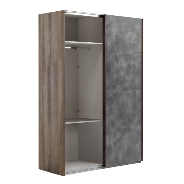 Vista diagonale con anta aperta Armadio in legno struttura Noce Brera con 2 ante scorrevoli, 1 Cemento e 1 a Specchio modello Sliding Totò Piccinni