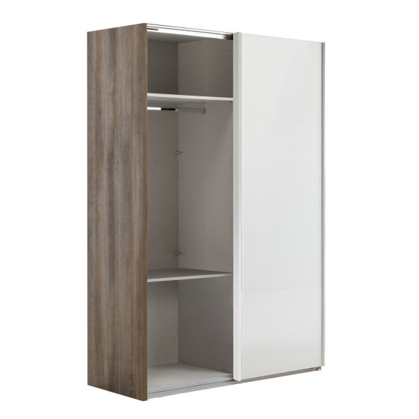 Vista diagonale con anta aperta Armadio in legno struttura Noce Brera con 2 ante scorrevoli Bianco Opaco modello Sliding Totò Piccinni