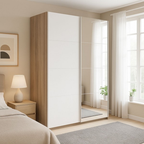 Vista ambientata con ante chiuse Armadio moderno in legno struttura Noce Brera con 2 ante scorrevoli, 1 Bianco Opaco e 1 a Specchio modello Sliding Totò Piccinni