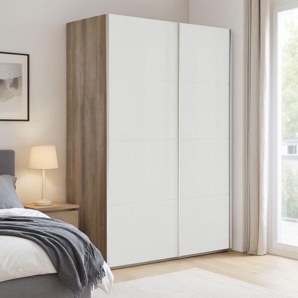 Vista ambientata con ante chiuse Armadio moderno in legno struttura Noce Brera con 2 ante scorrevoli Bianco Opaco modello Sliding Totò Piccinni