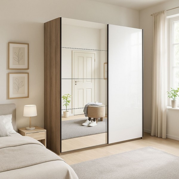 Vista ambientata con ante chiuse Armadio moderno in legno struttura Noce Brera con 2 ante scorrevoli, 1 Bianco Lucido e 1 a Specchio modello Sliding Totò Piccinni