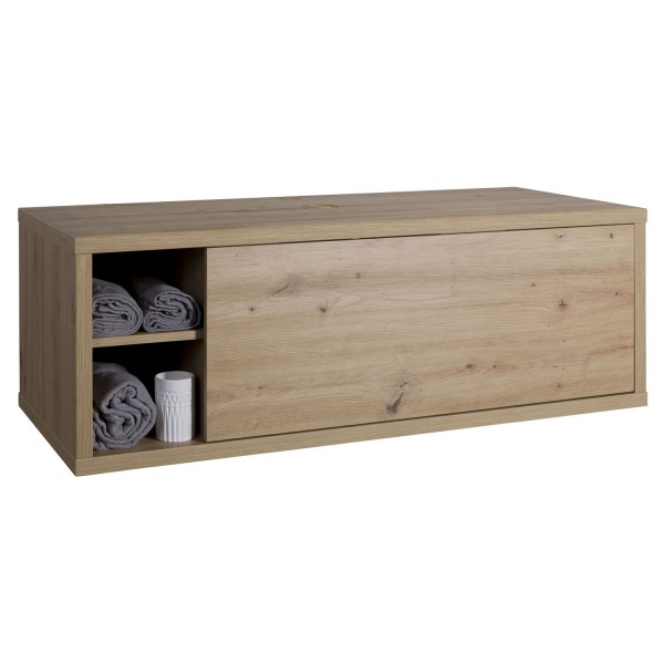 Vista diagonale Base Lavabo con lavandino in legno con 1 cassetto e 2 vani colore "rovere artisan" modello Nexus Totò Piccinni