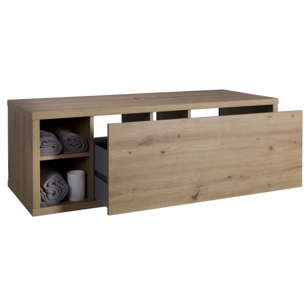 Vista diagonale con cassetto aperto Base Lavabo con lavandino in legno con 1 cassetto e 2 vani colore "rovere artisan" modello Nexus Totò Piccinni