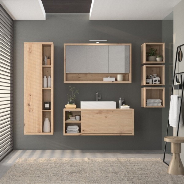 Vista ambientata completa Base Lavabo con lavandino in legno con 1 cassetto e 2 vani colore "rovere artisan" modello Nexus Totò Piccinni
