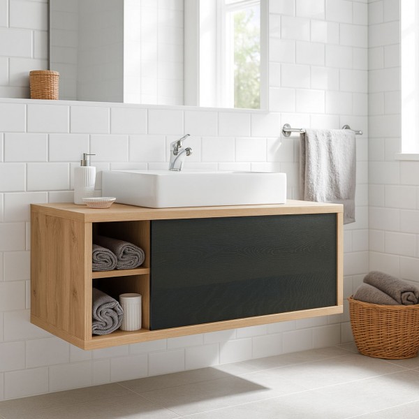 Vista ambientata Base lavabo in legno colore "Rovere Artisan/Nero Chalet" modello Nexus Totò Piccinni