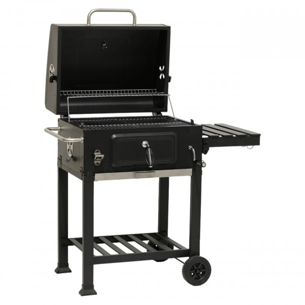 Vista diagonale aperto BBQ Barbecue a carbonella con brace regolabile e ruote modello Diablo New Totò Piccinni