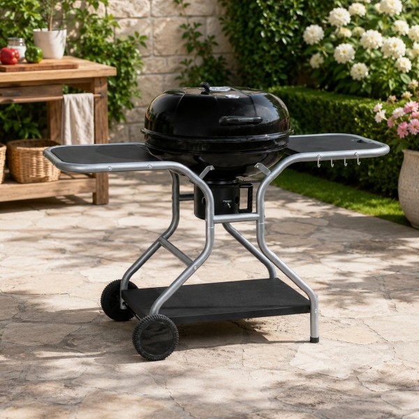 Vista ambientata Barbecue a carbonella, rotondo con coperchio e ruote doppia griglia cottura con ripiani modello Pablo Totò Piccinni