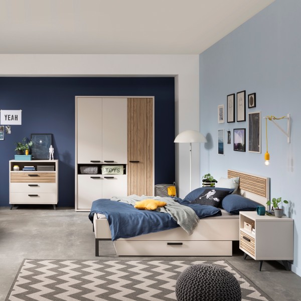 Vista diagonale Letto una piazza e mezza in legno colore "Cannettato/Cashmere" modello Zefiro Totò Piccinni