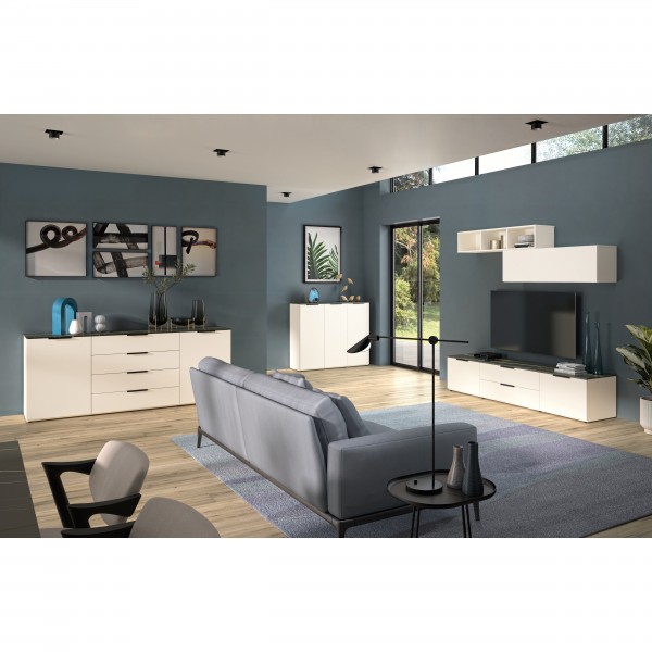 Vista ambientata Base Tv in legno colore "Cashmere/Effetto Marmo Nero" con 2 ante e 2 cassetti modello Teca Totò Piccinni